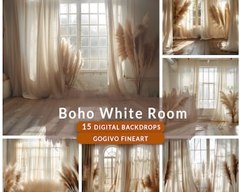 May include: A set of 15 digital backdrops featuring a white room with large windows, sheer curtains, and dried pampas grass. The backdrops are perfect for photographers and content creators looking for a minimalist and airy aesthetic.