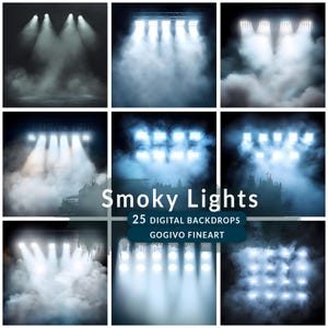 Pode incluir: Um conjunto de 25 fundos digitais com luzes fumegantes. Os fundos são perfeitos para adicionar um efeito dramático e atmosférico às suas fotos e designs. O texto "Smoky Lights" e "25 Digital Backdrops" é exibido no centro da imagem.