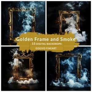 May include: Four digital backgrounds featuring a gold ornate frame with smoke swirling around it. The text "Golden Frame and Smoke" and "15 Digital Backdrops" is displayed on a yellow background. The text "Gogivo Fineart" is displayed on a white background.
