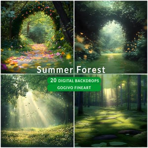 Summer Forest Digital Backdrop, Spring Green Woodland Fine Art Background | Grass, Trees, waterfall, Natural Path for photo Composite