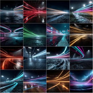 Puede incluir: Una cuadrícula de dieciséis imágenes que muestran rastros de luz abstractos en varios entornos. Las imágenes presentan rayas de colores vibrantes como rojo, azul, verde y amarillo, creando una sensación de movimiento y velocidad.