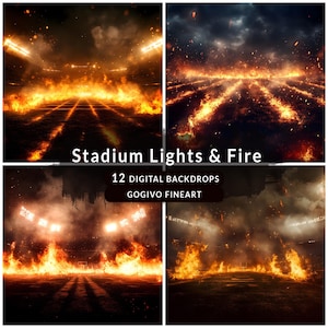 Football Stadium Background with Fog, Fire and Stadium Lights, Football digital backdrop, Sports Photography Stadium Backdrops