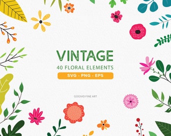 40 Vintage Floral Clipart Collection PNG, SVG & EPS file High Quality Vector flower Illustration Digital Floral Graphics | Instant Download