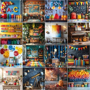 Peut inclure: Un collage de seize scènes de classe et éducatives présentant des ballons colorés, des cartes du monde, du matériel de laboratoire scientifique, des fournitures d'art, des instruments de musique, des livres, des globes et des décorations scolaires.