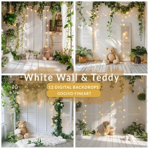 May include: A digital backdrop featuring a white wall with a window, a teddy bear, and greenery. The wall is decorated with string lights and the window has white shutters. The backdrop is perfect for newborn, baby, or child photography.