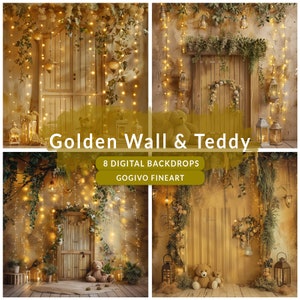Puede incluir: Ocho fondos digitales que presentan una puerta de madera rústica con una corona, rodeada de vegetación y luces de hadas. El fondo es una pared dorada texturizada. El texto "Golden Wall & Teddy" y "Gogivo Fineart" se muestra en la imagen.