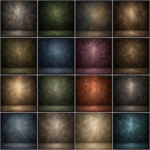Pode incluir: Uma coleção de dezasseis fundos de fotografia quadrados com várias superfícies texturizadas e manchadas em cores diversas, incluindo azul, verde, castanho, cinzento, vermelho e dourado, cada um com um gradiente de luz central e linha de chão.