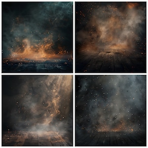May include: Four images of a dark wooden floor with smoke and sparks rising from the surface. The smoke is a mix of gray and orange, and the sparks are a bright orange. The images are arranged in a grid.
