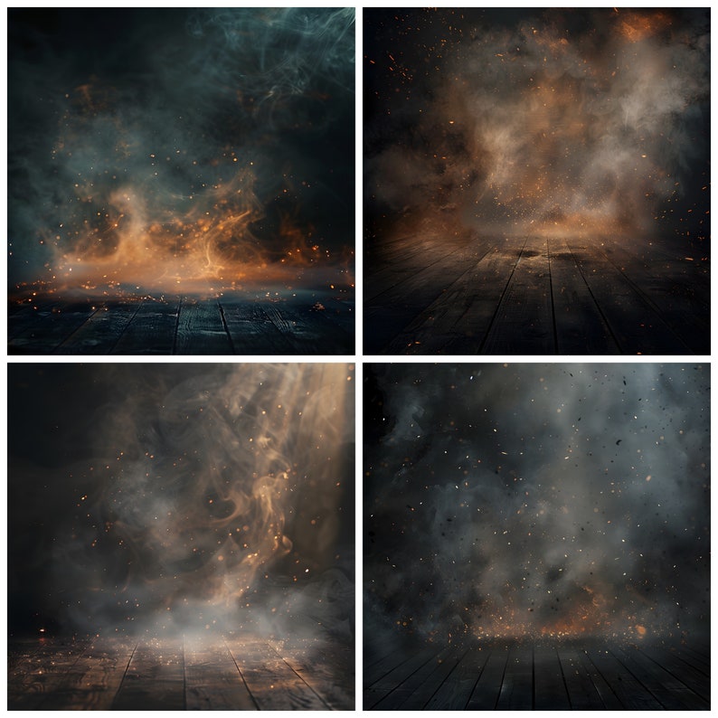 May include: Four images of a dark wooden floor with smoke and sparks rising from the surface. The smoke is a mix of gray and orange, and the sparks are a bright orange. The images are arranged in a grid.