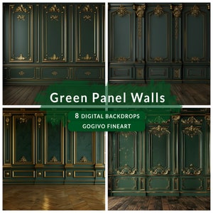 May include: A set of 8 digital backdrops featuring green walls with gold trim and ornate details. The backdrops are perfect for creating elegant and sophisticated photoshoots.