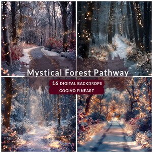 Peut inclure: Quatre fonds d'écran numériques représentant un chemin forestier enneigé avec des lumières scintillantes. Le chemin est bordé d'arbres et de buissons, et le sol est recouvert de neige. Les lumières créent une ambiance magique et festive.