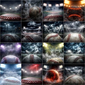 May include: A collage of baseballs in various dramatic settings. Each image features a baseball with red stitching, set against backgrounds of stormy skies, stadium lights, and smoky effects. The overall theme is sports and competition.