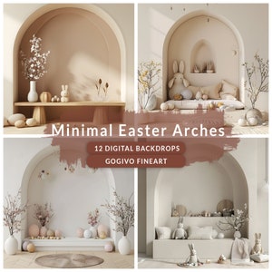 Pode incluir: Um conjunto de 12 cenários digitais com portas arqueadas decoradas com ovos de Páscoa pastel, flores da primavera e figuras de coelhos. Os cenários são perfeitos para criar uma sessão de fotos de Páscoa caprichosa e festiva.