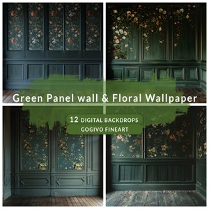 Green Panel Wall with floral wallpaper Maternity Digital photo Backdrops Overlay Studio Backdrop Fine Art Floral Textures Photoshop Overlays