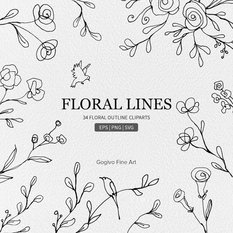 Download Floral Lines Cliparts Beautiful Flower Illustrations Lineart Etsy