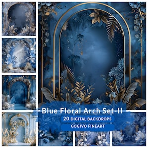 Könnte beinhalten: Ein Set mit 20 digitalen Hintergründen, die eine blaue Blumen-Arche mit goldenen Akzenten zeigen. Die Hintergründe sind perfekt für Fotografen und Designer, die atemberaubende und elegante Bilder erstellen möchten.