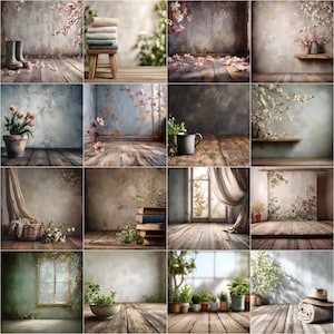 May include: A series of staged photography backdrops with rustic wooden floors, aged walls, and floral decorations. Each scene includes props such as boots, stools, books, and plants, creating a vintage, natural aesthetic. The lighting is soft and diffused.