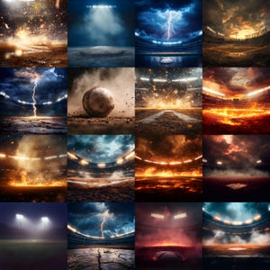 Puede incluir: Un collage de 16 im&aacute;genes que representan un campo de b&eacute;isbol con varios efectos de iluminaci&oacute;n dram&aacute;ticos, incluyendo rayos, fuego y humo. Algunas im&aacute;genes presentan una pelota de b&eacute;isbol en primer plano.