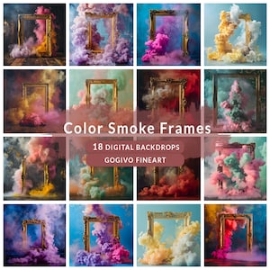 Op de afbeelding: 18 digitale achtergronden met sierlijke gouden frames en kleurrijke rookwolken. De frames zijn geplaatst tegen een verscheidenheid aan effen gekleurde achtergronden. De tekst "Color Smoke Frames" en "Gogivo Fineart" wordt in het midden van de afbeelding weergegeven.