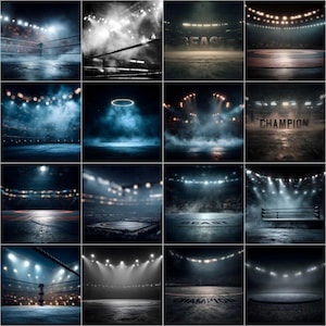 May include: A collection of images depicting boxing rings and arenas, illuminated by bright spotlights. Some images feature the word "BEAST" or "CHAMPION" on the floor, with a smoky atmosphere.
