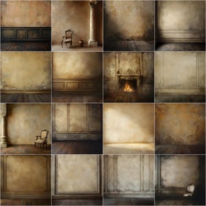 May include: A collection of 12 digital backgrounds featuring various textures and styles, including a fireplace, a chair, and a column. The backgrounds are perfect for creating digital art, photo editing, or adding a vintage touch to your designs.