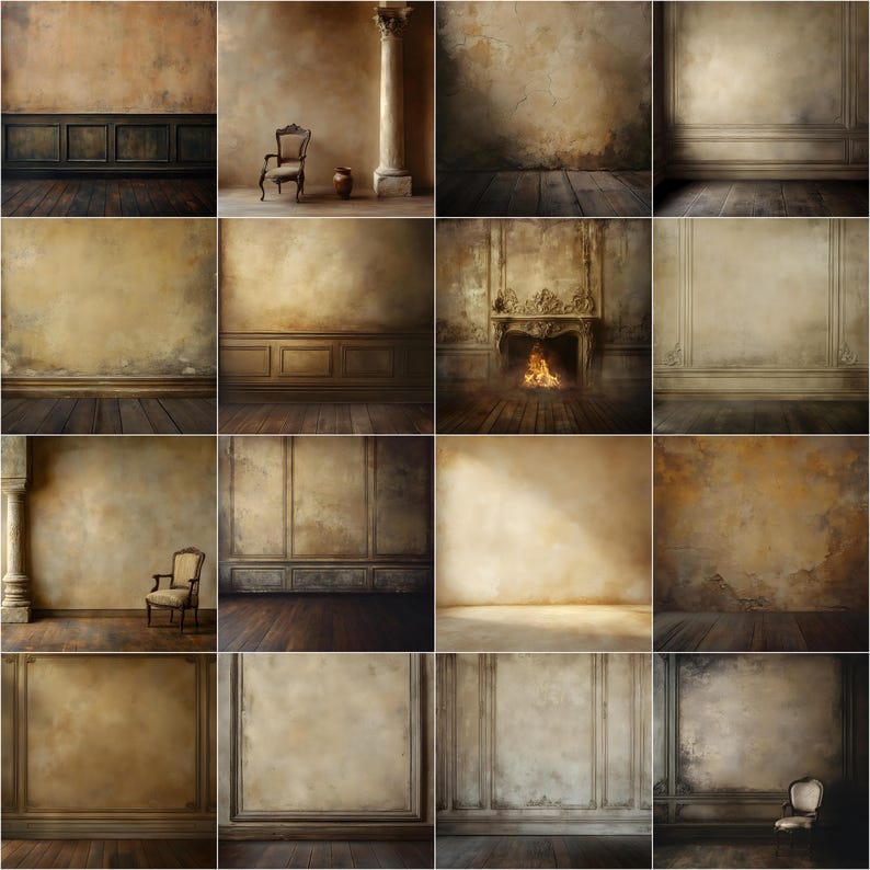 May include: A collection of 12 digital backgrounds featuring various textures and styles, including a fireplace, a chair, and a column. The backgrounds are perfect for creating digital art, photo editing, or adding a vintage touch to your designs.
