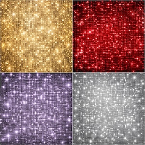 May include: A composite image featuring four distinct square panels of reflective, grid-patterned sequin fabric. The top-left panel is gold, the top-right is red, the bottom-left is purple, and the bottom-right is silver, all with a sparkling effect.