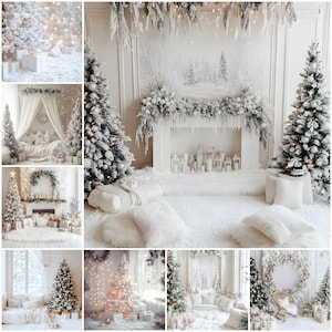 May include: A white winter wonderland backdrop with a fireplace, a white faux fur rug, and two snow-covered Christmas trees decorated with silver ornaments. The scene is perfect for a winter-themed photo shoot.