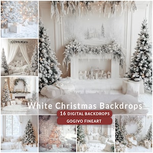 May include: A set of 16 digital backdrops featuring a white Christmas theme. The backdrops include a fireplace with a snowy scene, a white Christmas tree, and a white room with a window. The text "White Christmas Backdrops" and "16 Digital Backdrops" is displayed on the image. The text "Gogivo Fineart" is also displayed on the image.