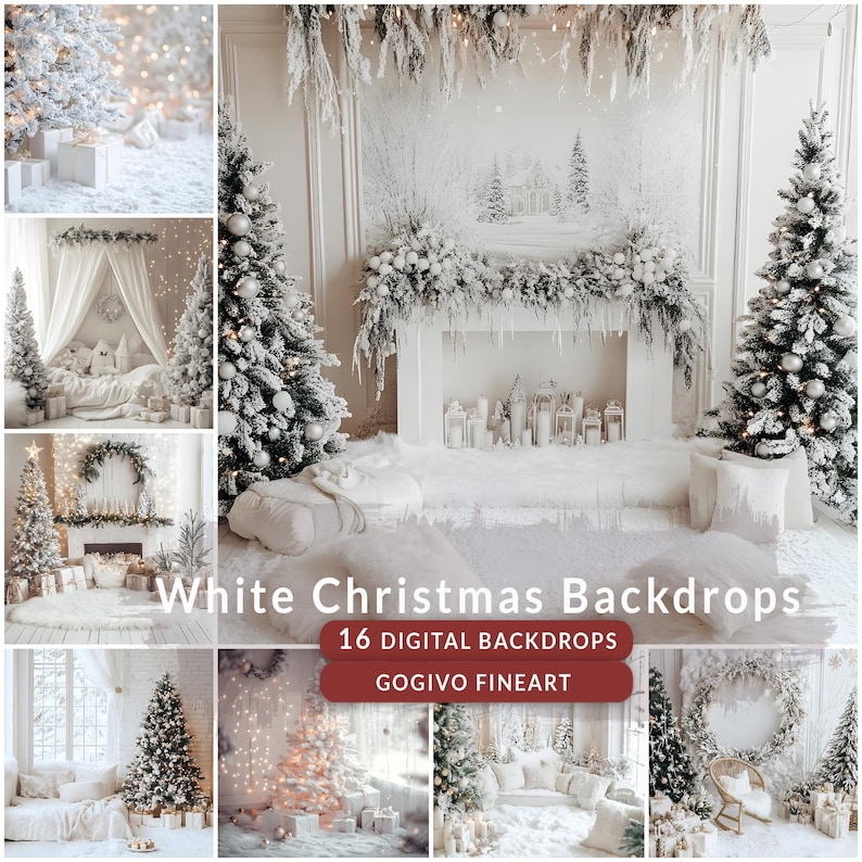 May include: A set of 16 digital backdrops featuring a white Christmas theme. The backdrops include a fireplace with a snowy scene, a white Christmas tree, and a white room with a window. The text "White Christmas Backdrops" and "16 Digital Backdrops" is displayed on the image. The text "Gogivo Fineart" is also displayed on the image.