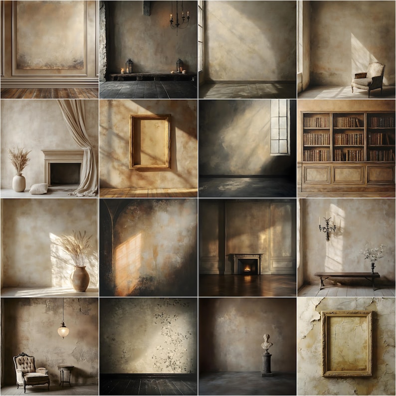 May include: A collection of 10 digital backgrounds featuring various textures and lighting effects. The backgrounds are perfect for creating a vintage or rustic aesthetic in your photos or designs.