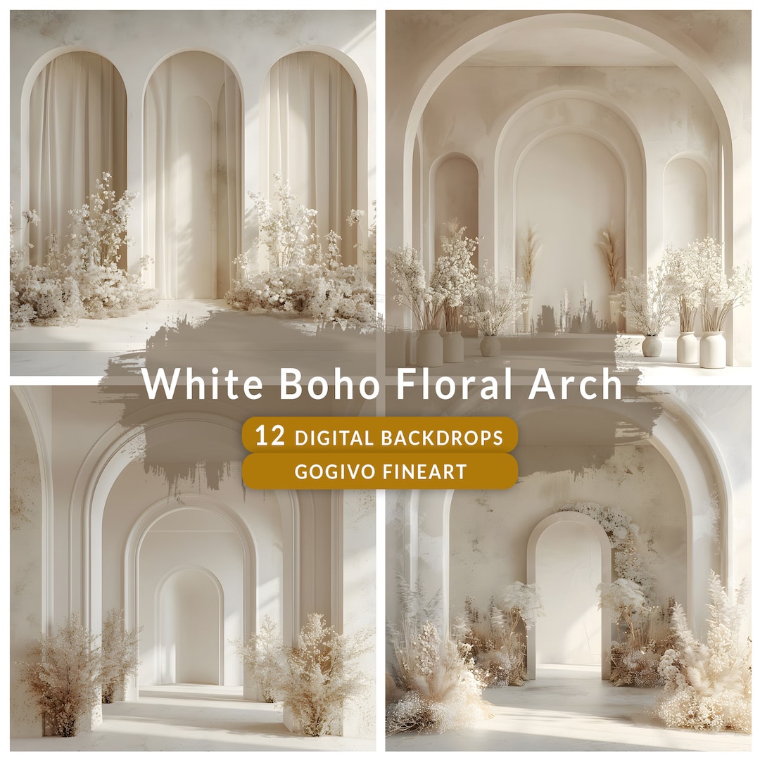 White Boho Minimal Floral Arch Wall Maternity Digital Photo Backdrop ...