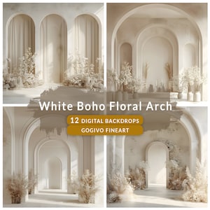May include: A set of 12 digital backdrops featuring white arches decorated with white flowers and greenery. The backdrops are perfect for creating a boho floral arch theme for photoshoots.