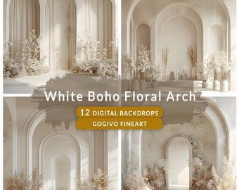 May include: A set of 12 digital backdrops featuring white arches decorated with white flowers and greenery. The backdrops are perfect for creating a boho floral arch theme for photoshoots.