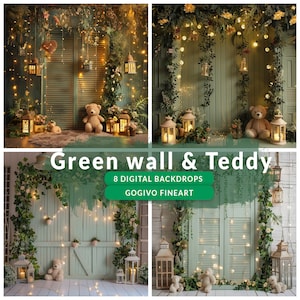 Puede incluir: Puerta de madera verde con un oso de peluche y luces de cadena. La puerta está decorada con vegetación y linternas. El texto "Green wall & Teddy" y "8 DIGITAL BACKDROPS GOGIVO FINEART" está en la imagen.