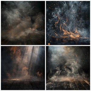 May include: Four different images of a dark wooden surface with smoke and sparks. The first image has a light brown smoke with sparks. The second image has a white smoke with orange flames and sparks. The third image has a light brown smoke with sparks. The fourth image has a white smoke with sparks.