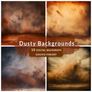 May include: Four digital backgrounds featuring a dusty, swirling, brown and orange colour scheme. The backgrounds are perfect for adding a dramatic and gritty feel to your designs. The text "Dusty Backgrounds" and "10 Digital Backdrops" is displayed in the centre of the image.