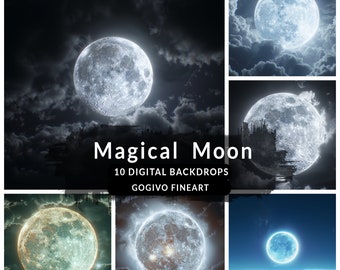 May include: A collage of ten digital backdrops featuring a full moon in various shades of blue and white against a dark night sky with clouds. The text "Magical Moon" and "10 Digital Backdrops" is displayed in white on a black background. The text "Gogivo Fineart" is displayed in white on a black background.