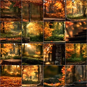 40 sfondi digitali autunnali con foresta, sfondo fotografico con ceppi d'albero in un bosco autunnale, composizione di fogliame boschivo all'ora d'oro (download digitale)