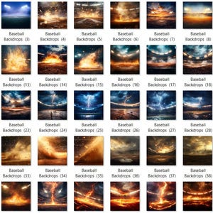 Puede incluir: Una colecci&oacute;n de 40 fondos de campo de b&eacute;isbol con varios temas, incluyendo juegos nocturnos, fuego, rayos y nubes. Los fondos son ideales para crear escenas realistas de b&eacute;isbol en fotos y videos.