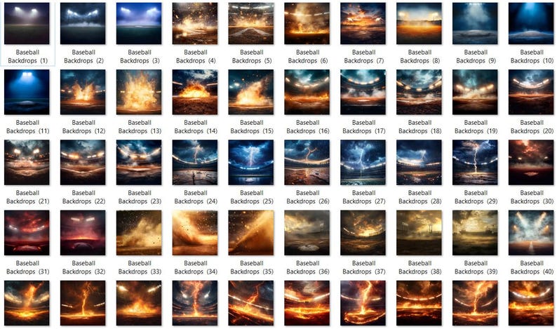 Puede incluir: Una colecci&oacute;n de 40 fondos de campo de b&eacute;isbol con varios temas, incluyendo juegos nocturnos, fuego, rayos y nubes. Los fondos son ideales para crear escenas realistas de b&eacute;isbol en fotos y videos.