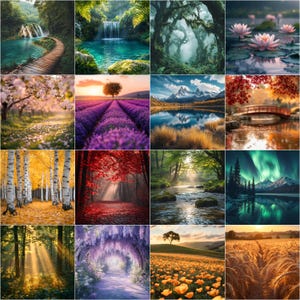 May include: A sixteen-panel collage featuring diverse natural landscapes including waterfalls, forests, lavender fields, mountain lakes, autumn foliage, birch trees, aurora borealis, sunlit woods, wisteria tunnels, poppy fields, and golden wheat fields.