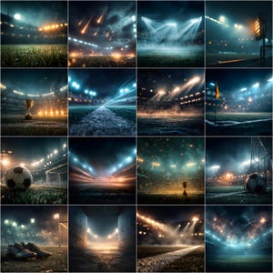 May include: A series of digital art images showcasing football stadiums at night. The images feature the pitch, floodlights, and atmosphere, with some including a football or trophy, creating a dramatic effect.