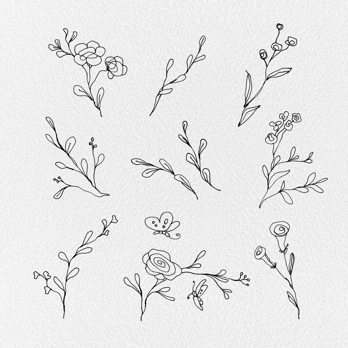 Floral Lines Cliparts Beautiful Flower Illustrations Lineart Etsy