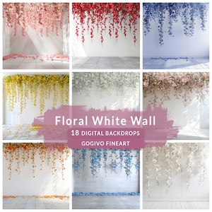White wall with floral hangings Maternity digital photo backdrop white floral texture wedding photography backdrop flower photo background