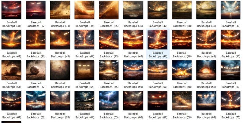 Puede incluir: Una colecci&oacute;n de 70 fondos digitales de campo de b&eacute;isbol con varios efectos de iluminaci&oacute;n, incluyendo fuego, humo y rayos. Los fondos son ideales para usar en software de edici&oacute;n de fotos.