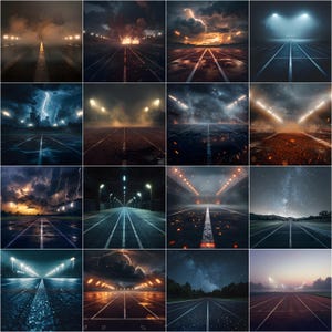 May include: A collection of sixteen images depicting a running track under various weather conditions. The images showcase the track with white lane markings, illuminated by stadium lights, and dramatic skies with lightning, fog, and starry nights.