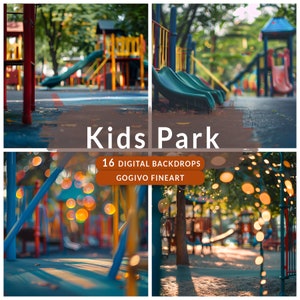 May include: A digital backdrop set featuring 16 images of a colorful playground with slides, climbing structures, and swings. The images are taken from different angles and perspectives, showcasing the playground in various lighting conditions. The set is perfect for photographers and graphic designers who need high-quality backgrounds for their projects.