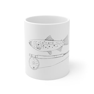 Trout and fly rod Ceramic Mug 11oz - Fun fishing mug - Fisherman&#39;s mug - Fly fishing mug - Angler&#39;s mug - Fisherman gift - Fishing gift