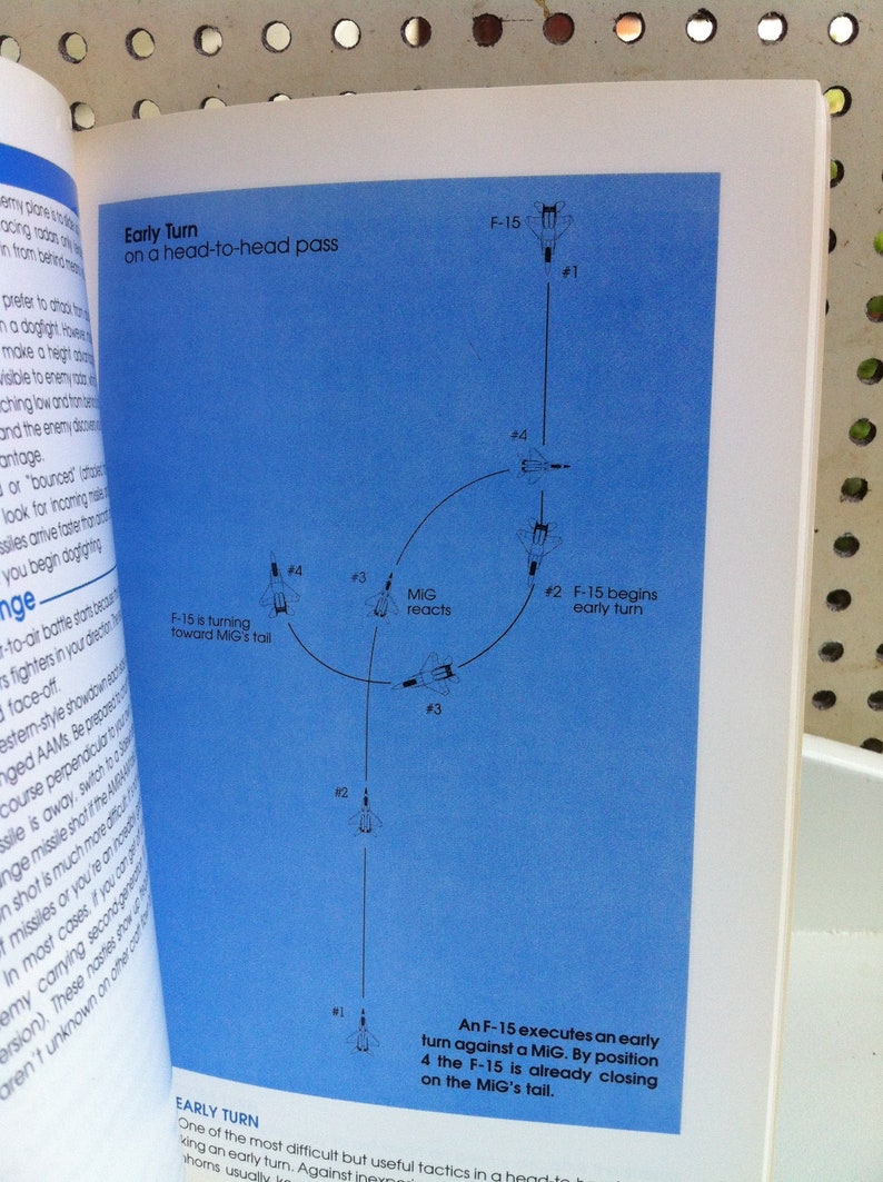 May include: A diagram illustrating an early turn maneuver in aerial combat. An F-15 fighter jet executes an early turn against a MiG, closing in on the MiG's tail. The diagram shows the positions of the aircraft at different stages of the maneuver, numbered 1 through 4.